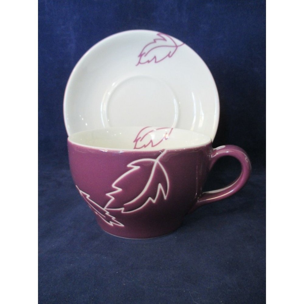 2007 Starbucks Autumn Collection Fall Leaves Purple and White Cup & Saucer  EUC